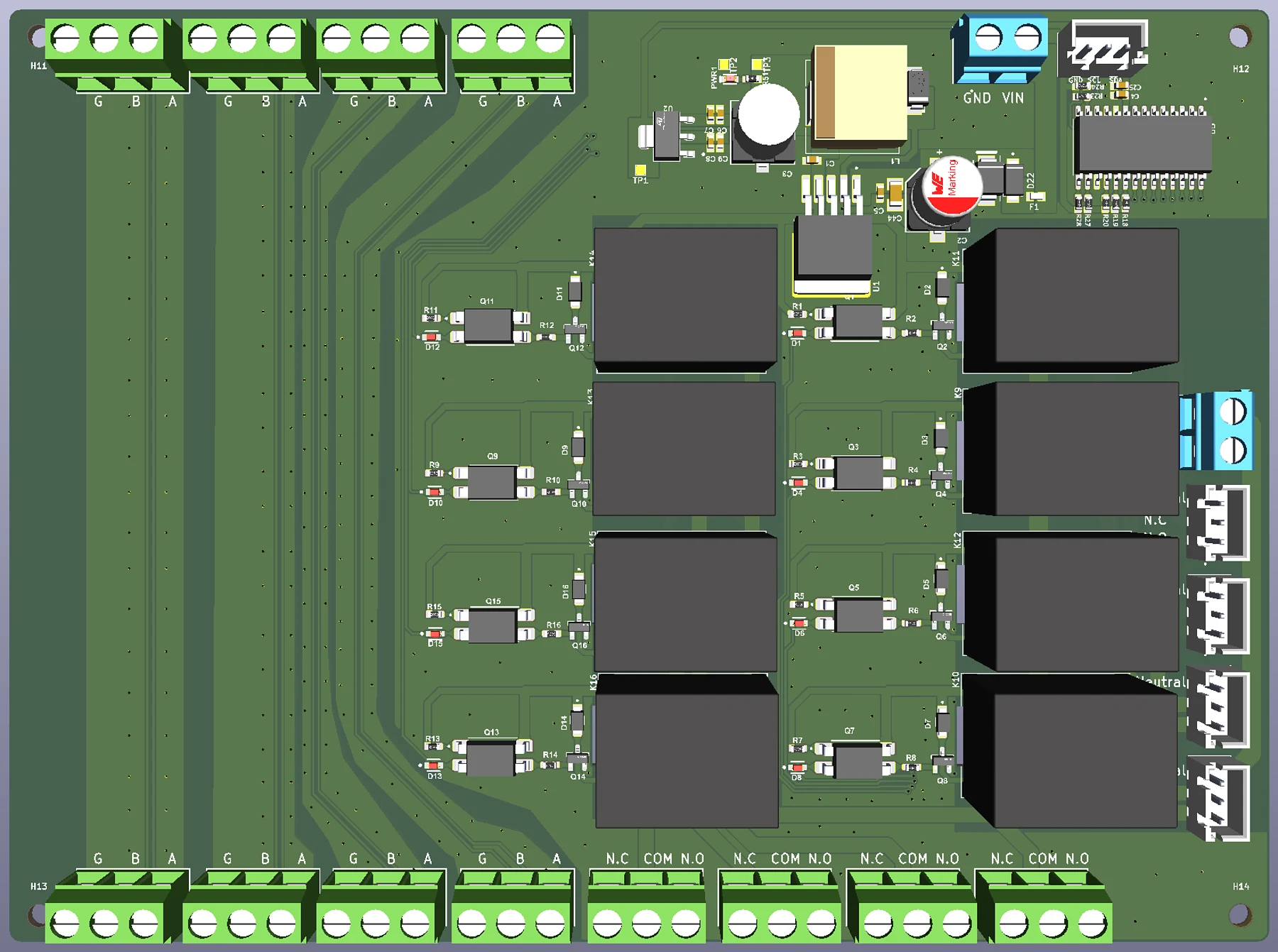 The relay driver board seen from above: eight relays in two columns, terminal blocks along the top and bottom edges, and the power input at the top right
